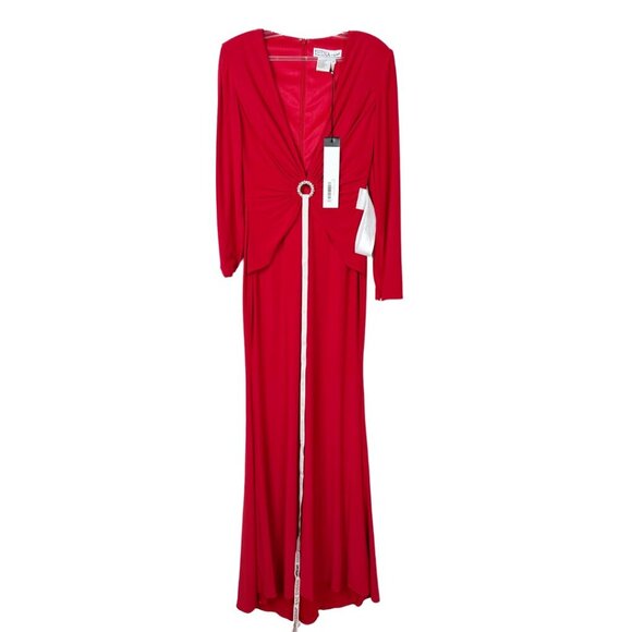 NWT Ieena for MacDuggal Gathered Pearl Long Sleeve Keyhole Gown Red 2 #9655 - 59 - Picture 3 of 8